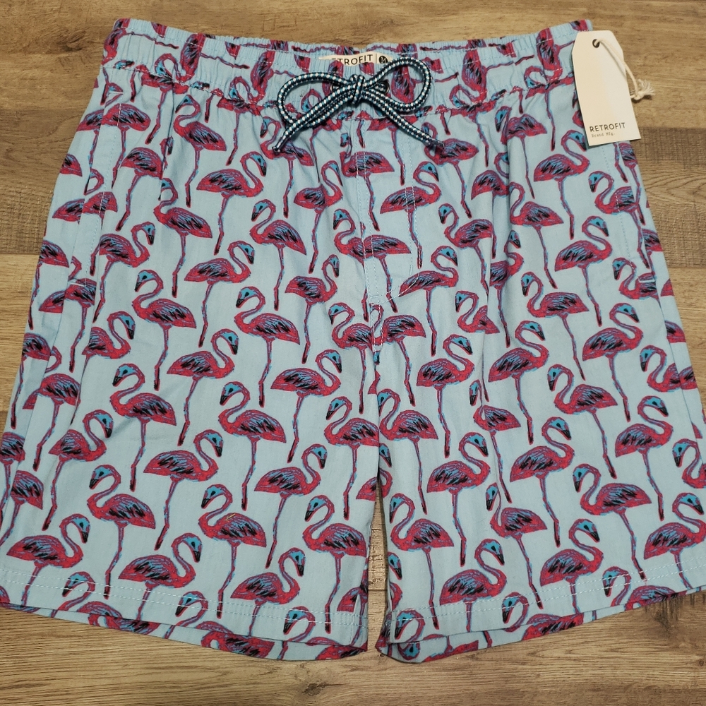 Retrofit Blue Medium Swim Shorts Flamingo Design
